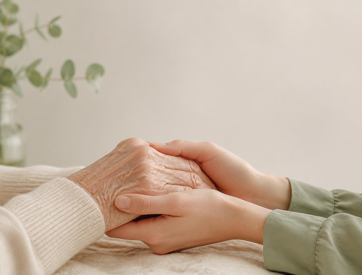 Mãos de uma idosa acolhidas pelas mãos de uma cuidadora